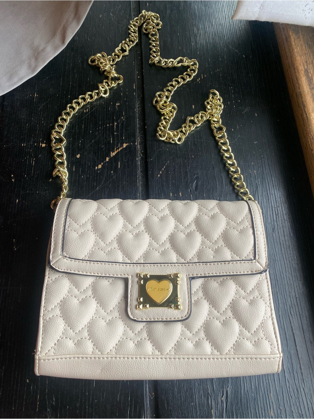 Betsey Johnson Cream Quilted Heart Crossbody with Gold Chain